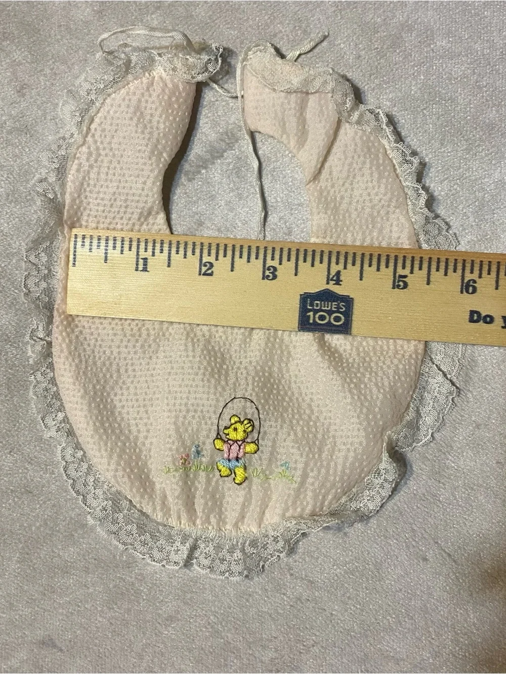 Vintage Baby Swiss Dot Embroidered Bear Jumprope Lace Edge Bib